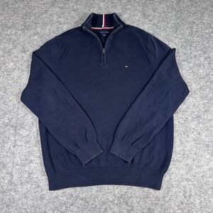 Tommy Hilfiger Quarter Zip Sweater Navy Blue 100% Cotton Mens Large